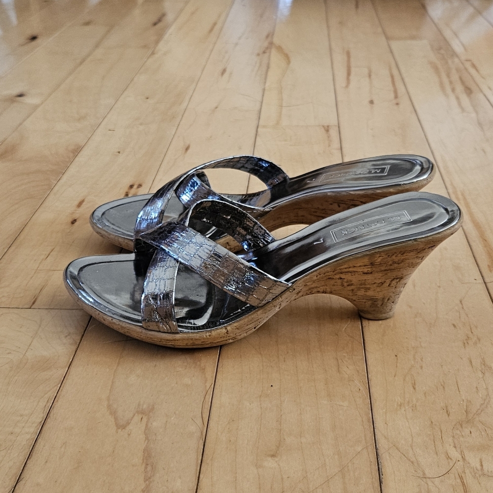 Stylish Women's Wedge Sandals - Metallic Platinum With Cork Sole And Heel.